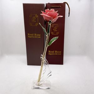 装飾的な花美しい11インチの本物のバラを浸した24k金メッキピンクの保存花と結婚式の贈り物のための素敵なギフトボックス