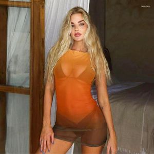 Casual Dresses Gradient Sheer Mesh Mini Tank Dress Women Sexy See Through O-neck Sleeveless Bodycon Stretch Party Clubwear Holiday