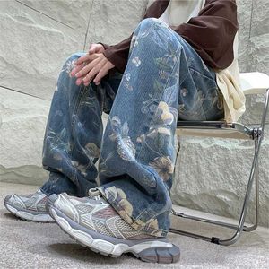 Men's Jeans Mens Fashion Printed Jeans 2024 Spring Flower Denim Cloth Drag Trousers Korean Street Loose Hip Hop Wide Leg Jeans Q240525