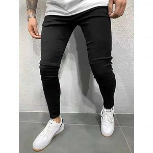 Men's Pants 2024 New Mens Solid Color Fashion Street Elastic Tight Small Feet Jeans High Quality Casual Retro Day Knitted Pants Q240525