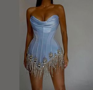 Partykleider Luxus -Mini -Abschlussball mit S trägerloser himmelblauer Satin -Festzug Kleidscheide Besonderes Anlass Kleid kurz 2302168246203