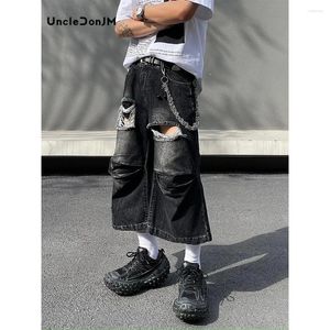 Męskie dżinsy czarne rozerwane Jorts letnie plisowane dżinsowe spodenki luźne spodnie o szerokim nogawce cielęce