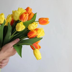 Decorative Flowers 14" Faux Yellow Orange Real Touch Tulip Artifificial Spring Flowers/Blooms Wedding/Home Decoration DIY BouquetS