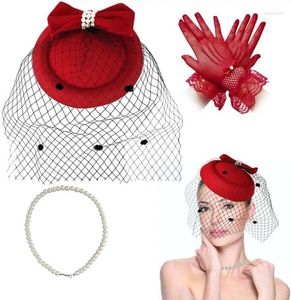 Başlıklar Kadınların Fascinators Peçe ve Retro Mesh Şapkası Eldivenli 1920'ler için İnci Kolye Çay Partisi Kokteyl Düğün Kilisesi Derby Set