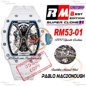 Pablo MacDonough 53-01 Manual Wind Real Tourbillon Mens Watch RMF TPT Quartz Carbon Blue Inner Skeleton Dial White Rubber Super Edition Puretime Reloj Ptrm