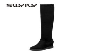 Swyivy Stretch über den kniehalen Schneestiefeln Frau Keil Herbst Herbst Winter Warm Velvet Fashion Lady Schuhe Plattform Schneestiefel2011038256041