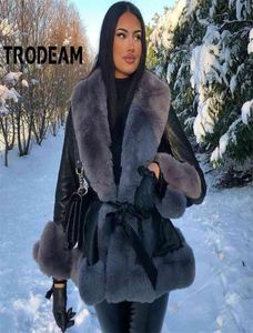 Trodeam Women039S Winter Leather Jacket Stitching Faux Päls Cull Cuff Coat Belt Slim Elegant Warm Thick Overrock Kvinna 2109119684299