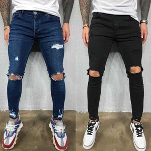 Dżinsy męskie dżinsy dżinsy kolanowe łza rozciąganie ciasne dżinsowe spodnie solidny kolor czarny niebieski jesienny lato letni styl hip-hopowy ultra-cienkie spodni S-4xl Q240525