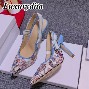 Luxury Womens High Heel Sandal Casual Lace Fashion 95mm 65mm 13mm Hight Quality Embroidered Muller Flat Shoes real Leather sole Designer Silk with box XY522