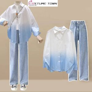 Korean Style Gradient Sunscreen Chiffon Shirt Wide Leg Jeans Two Piece Set Elegant Womens Library Casual Outfits Clothing 240516