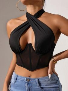 Kvinnors tankar mesh camisole väst halter ihålig ut rems tvärhängande nacktankstoppar solida smala passande sexiga tjej streetwear västar