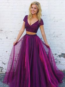 Party Dresses Listed Two Piece V-Neck Short Sleeves Purple Graduation Prom Long Evening Tulle Dress With Beading