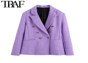 TRAF Women Fashion Fashion Double Breadsed Tweed Blazer Poat Vintage Pocketing с длинным рукавом обратно вентиляционные вентиляционные отверстия