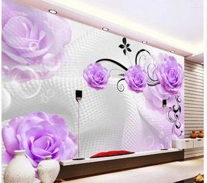 壁紙ホームデコレーション3Dステレオスピック壁紙パープルローズシンプルなテレビバックドロップバスルーム