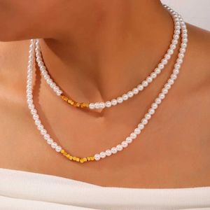 Pendant Necklaces New Imitation Pearl Necklace for Women Stainless Steel Gold Plated Square Pendant Necklace Girls Fashion Charm Jewelry Gift Q240525