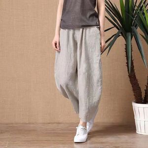 Retro Loose Y2K Cotton Linen Harem Pants Women Summer Harajuku High midja Elastisk fotledslängd byxor överdimensionerade casual byxor 240514