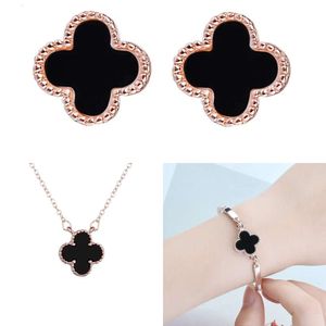 Elegant Rose Gold Plated Four-leaf Clover Jewelry Set for Women Ladies Black White Necklace Earrings Bracelet Luxurious Wedding Jewelry Sets 3PCS/Set