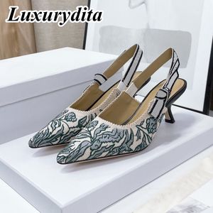 Luxury Womens High Heel Sandal Casual Lace Fashion 95mm 65mm 13mm Hight Quality Embroidered Muller Flat Shoes real Leather sole Designer Silk with box XY90