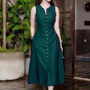 Casual Dresses Women Dress Elegant V Neck Midi With Buttons Pockets For A-line Summer Tight Waist Mid-calf Length Wjfwr