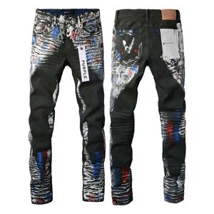 Trendy Purple Brand Men's High Street Heavy Industry Paint Distressed Slim Fit Leggings Fashionable Light Colored Jeans