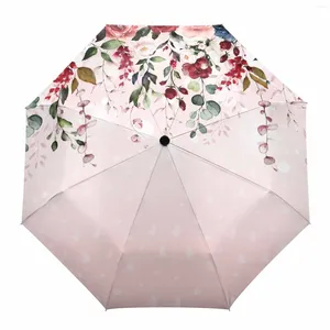 Umbrellas Valentine'S Day Blue Rose Pink Plant Automatic Umbrella For Rain Foldable Parasol Eight Strand Outdoor