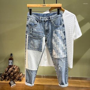 Herren Jeans 2024 Trend Spleißen Plaque Mode High-End Retro Enge Stretch Slim Persönlichkeit Biker Kühl gut aussehend