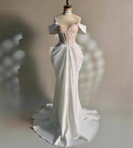 Vintage długie ramię satynowe sukienki ślubne syrena z kości słoniowej koronka w górę back vestido de noiva zamiatanie pociągów ślubnych dla kobiet