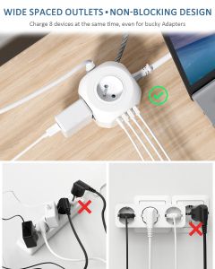 Lencent FR Flat Stecker Stromstreifen Würfel mit 4 Wechselstromauslass 3 USB -Anschluss 1 Typ C 2m geflochtenes Kabel Multi -Sockel mit Schalter für Startseite