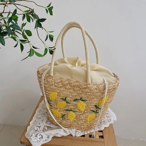 Summer Womens Hand-Woven Straw Bag Fashion Lemon Embroidery Handväska Kvinnlig semester Travstrand stor kapacitet Tygväska 240524