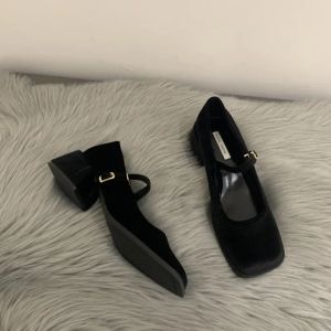 Spring Autumn Women's Luxury Party Shoes Medium Heel Retro Square Toe Velvet Mary Jane Shoes Flat Square Buckle Single Loafers