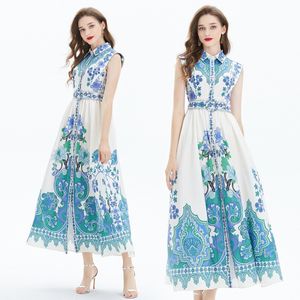 Sleeveless Long Vintage Print Shirt Dress Stand Collar Designer Women Elegant Resort Casual Party Maxi Dresses Slim Belted A-line Ladies Beach Cocktail Clothes 2024