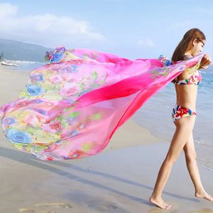 Summer Women Beach Boho Print Silk Scarf Overdimensionerad Chiffon pannbandsdukar täcker Wrap Sarong Sunscreen Stor sjal för 240510