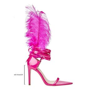 Sandals 10.5CM Sheepskin 2024 Lady Leather Stiletto High Heels Summer Narrow Band One Line Cross-tie Peep-toe Open Toes Pillage Lace-up Feather Par f56