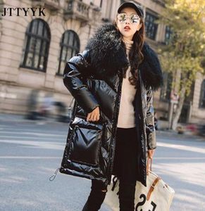 Kvinnor 90 White Duck Down Coat Winter Jacka Parkas Patent Leather Bright Loose Real Mongolian Lamb Fur Collar Thick Coat18728152