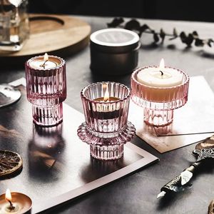 NEW Nordic Pink Glass Candlestick European Candles Holders Table Candle Stand Romantic Candlestick Photophor Home Decoration