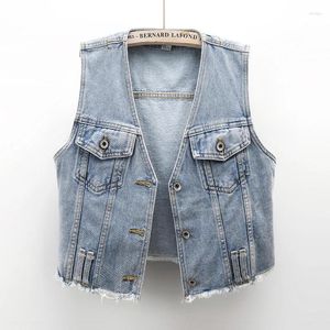 Women's Vests Vintage Light Blue V Neck Big Pocket Denim Vest Women Slim Short Cowboy Waistcoat Summer Thin Sleeveless Jeans Jackets Female