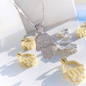 New Hand Of the Angel Fatima Pendant Necklace Hip Hop Full Iced Out Cubic Zirconia Gold Sliver Color CZ Stone Choker Women Men Hwxfo