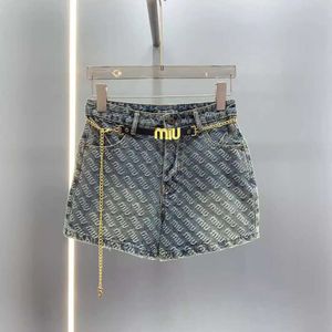 Women's Two Piece Pants Mm24 Summer Fashion Jacquard Letter Design with Washed Worn Out Straight Denim Shorts Chain