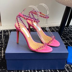 Rhinestone heels sandal ankle strap open toes stiletto High heels Dress shoes 100mmLuxury designer heeled evening party shoes Fuchsia yellow With box