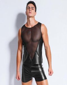 Sexy Men039s Fun Patent Leather Black Mesh TShirt Tops Tees Wet Look Fetish Latex DS Lingerie Catsuit Exotic Club wear Costume4164773