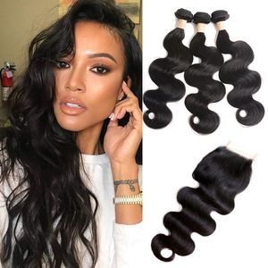 Brazilian Virgin Hair Extensions Human Hair Bundles With 4X4 Lace Closure Middle Three Free Part Body Wave 4 Pieces/lot 8-28inch Wholes Mrqk