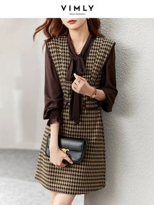 女性向けのVimly Elegant Twe Peed Tweedドレスセット秋のファッションオフィス衣装長いスリーブシフォンシャツドレス240516