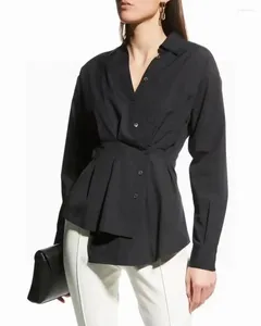 女性用ブラウスデザイン女性ファッションコットンソリッドロングスリーブ不規則なスリムなブラウスエレガントレディオルVネックシングル胸のプリーツトップシャツ