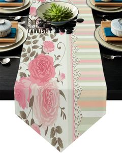 Rose Flower Pink Stripe Tabler Runner Modern Table Flag Home Party Country Wedding Decoration Tabellduk bordslöpare 240521