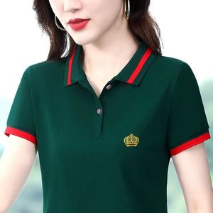 Zielone czerwone damskie koszulka z krótkim rękawem Kobiety biuro Worka noszenie koreańskiego stylu eleganckie modne swobodne topy koszule polo 240521