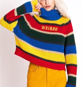 Harjuku Contraste Stripes Roll Turtle pescoço de malha de jumper Sweater de gola alta com bordado esquisito de tamanho grande para mulheres Y20095974536