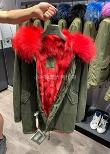 Cappotti da uomo e donne Mr. Fur coppia Army Green Rex Rabbit Fur Parkas con rivestimento rosso