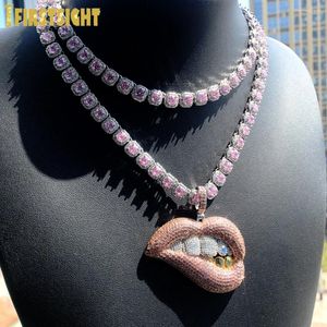 チェーンアイスアウトドリップリップペンダントネックレスブリングピンクキュービックジルコニア女性のための8mmテニスチェーンチャームHiph Hop Luxury Jewelry