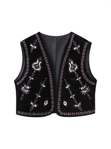 Women's Vests Women Vintage Sequins Flower Embroidery Short Velvet Vest Jacket Ladies Sleeveless Casual Cardigan WaistCoat Tops CT5465