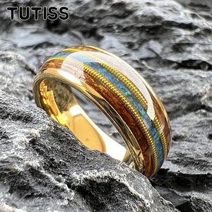 Tutiss 8mm Whisky Wood Guitar String Blue Opal Inclay Gold Tungsten Ring For Men Women Fashion Engagement Ward Band 240522